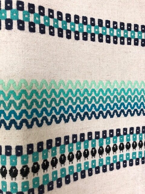 Handwoven tea towel: Shetland Sheep & Waves and a Wee bit of Dry Stone Wall!