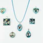 Sea blue resin beach pendants from Shetland.