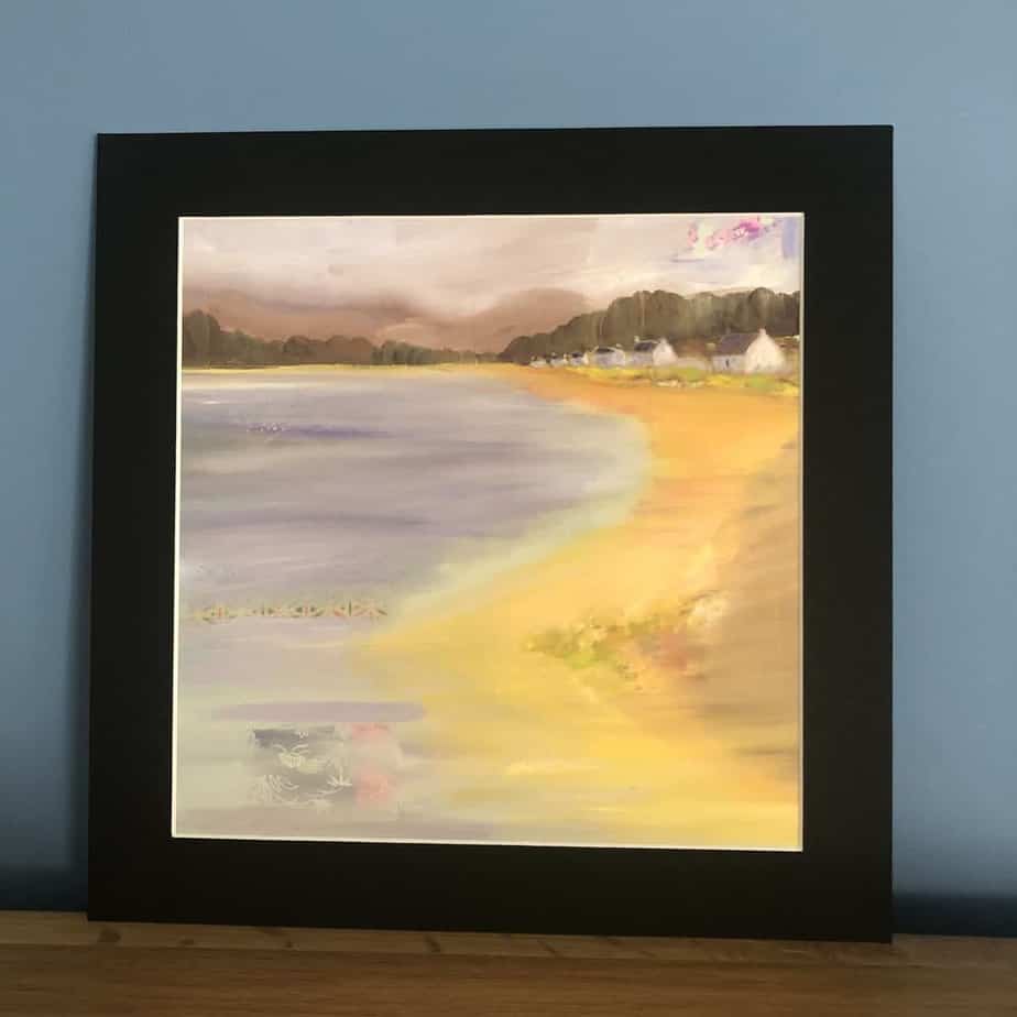 Bay Cottages. Print of original mixed media painting of Scottish west coast beach