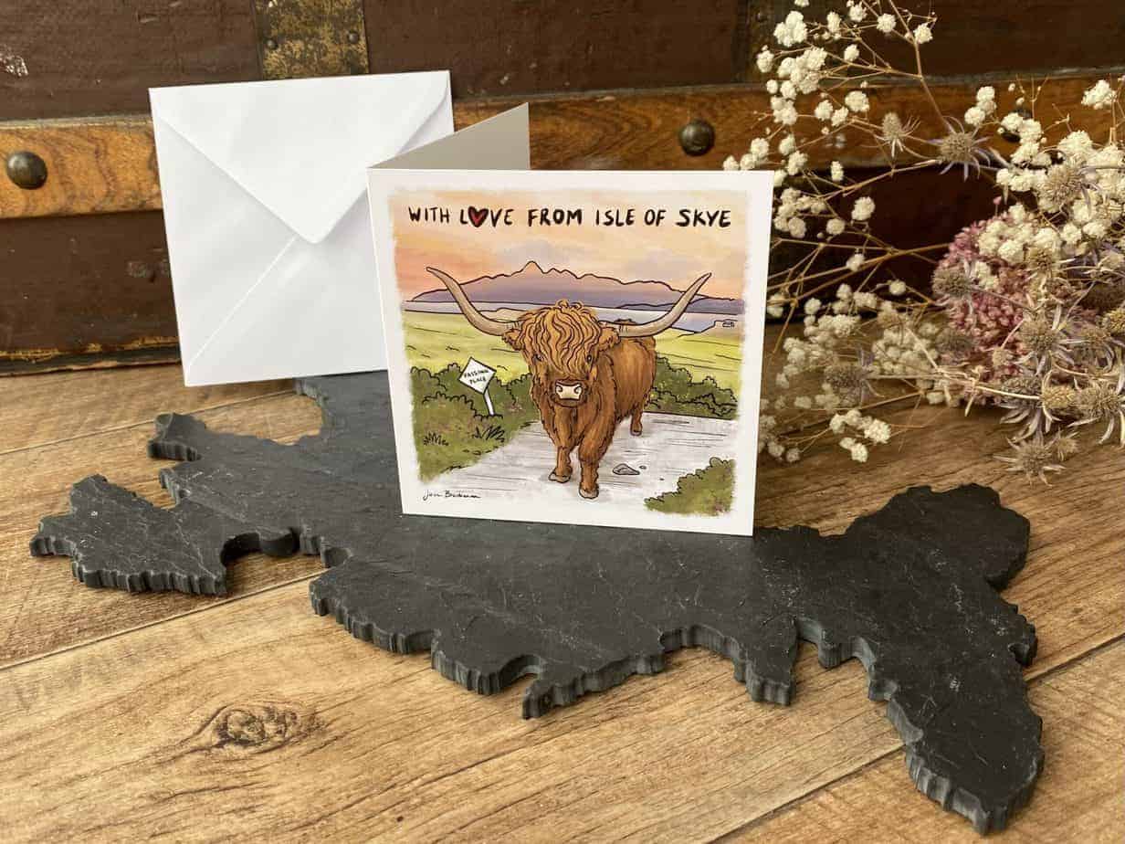 Greeting Card - Highland Cow sunset “With love from Isle of Skye”