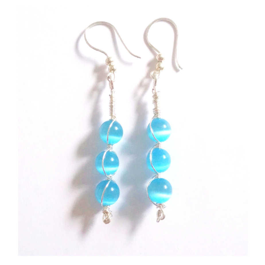 Blue Cats Eye Beaded Hook Earrings