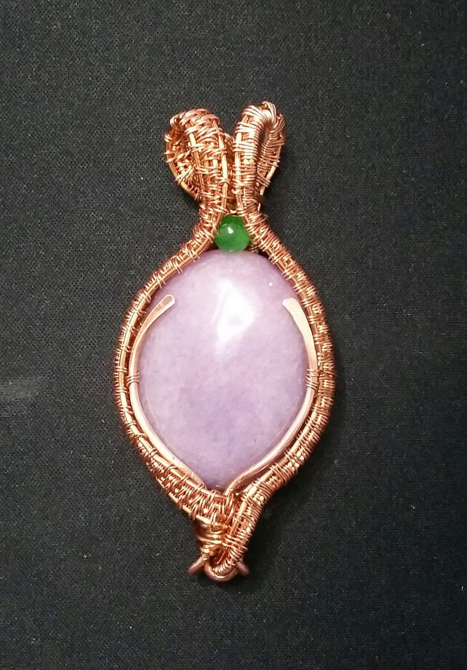 Lilac Purple Spar Stone with Green Cat's Eye Wrapped Copper Wire Necklace