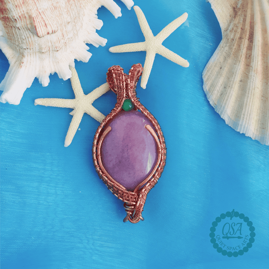 Lilac Purple Spar Stone with Green Cat's Eye Wrapped Copper Wire Necklace - Image 4