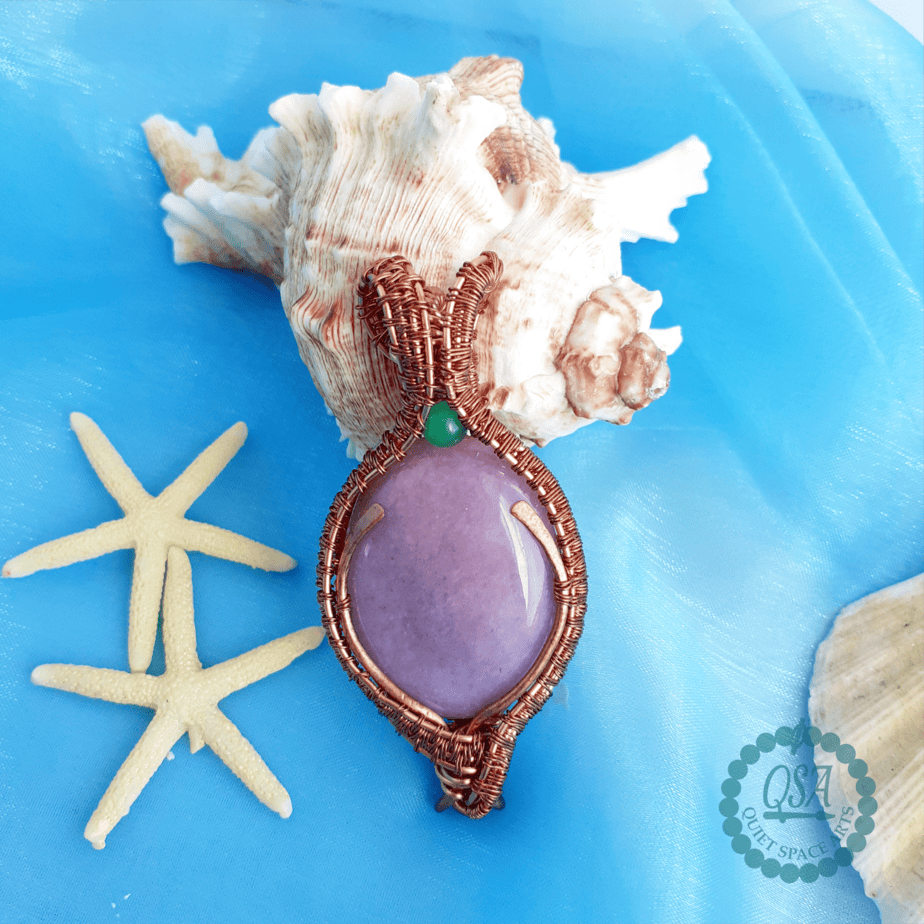 Lilac Purple Spar Stone with Green Cat's Eye Wrapped Copper Wire Necklace - Image 3
