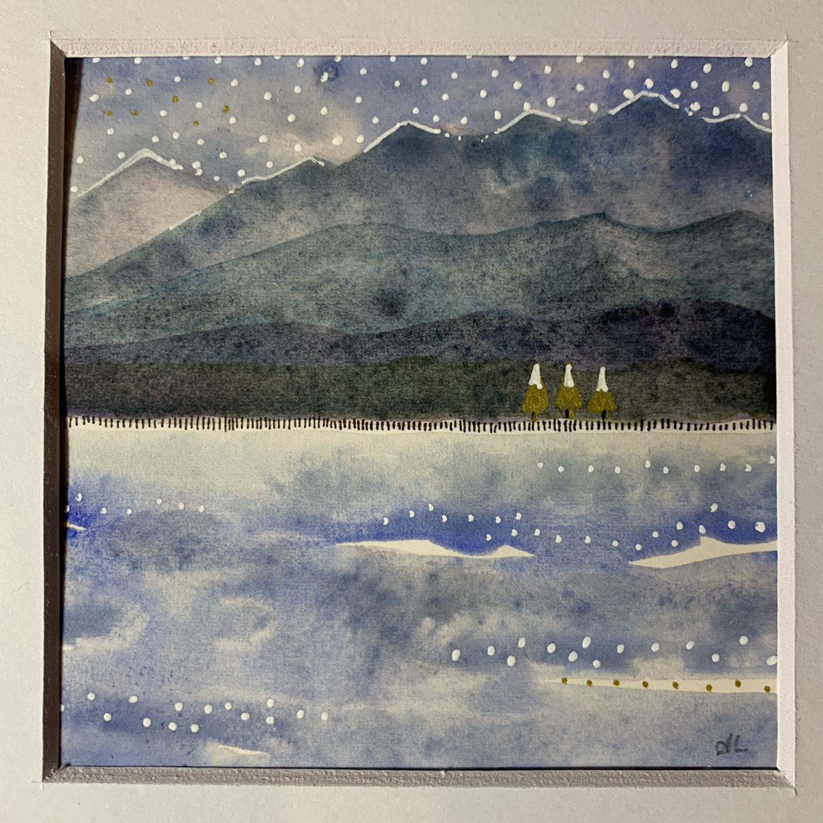 Snowy winter loch & hills original mounted painting - Image 2