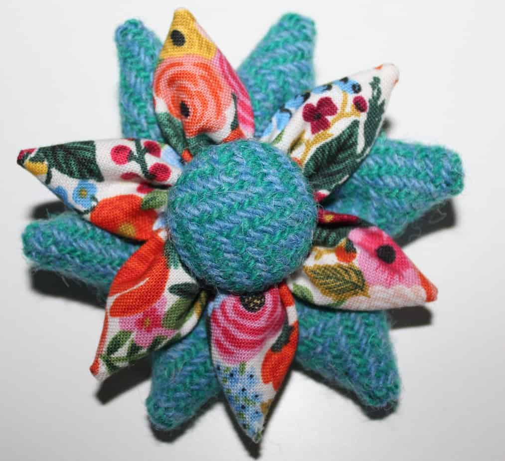 Turquoise and Green Herringbone Harris Tweed and Floral Corsage Brooch - Image 3